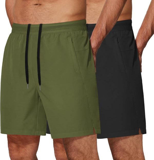 Men Athletic Running Shorts 7'' Gym Workout Shorts Lightweight Drawstring Training Shorts with Zipper Pockets