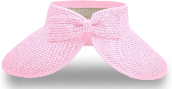Straw Sun Visor for Women, Wide Brim UPF 50+ Protection Beach Hat, Adjustable, Roll Up Foldable Ponytail Cap with Chin Strap